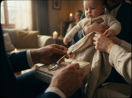 Baby erhält zur Taufe einen Babylöffel aus 925 Silber – persönliches Taufgeschenk für Jungen und Mädchen mit bleibender Erinnerung