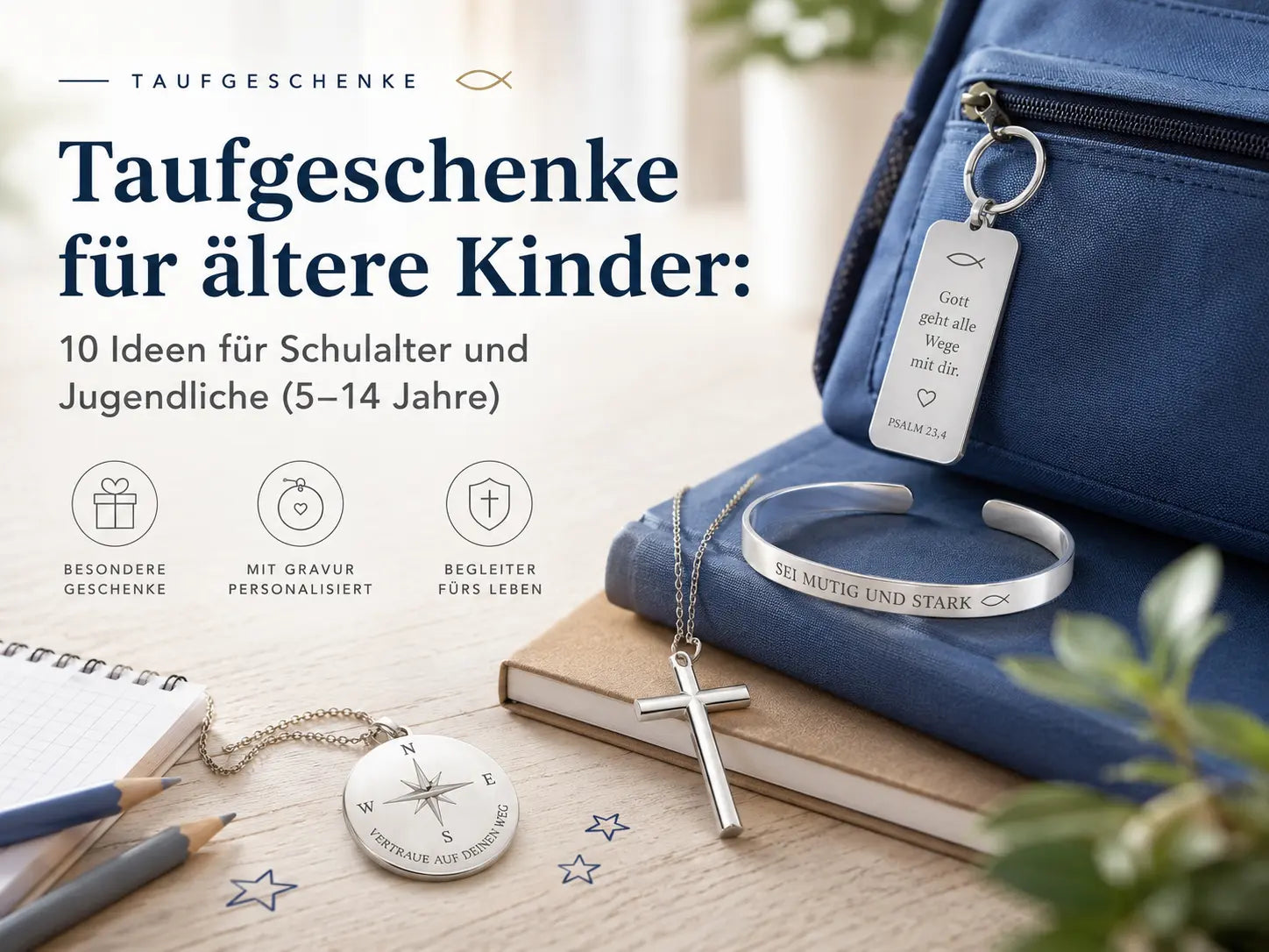 Taufgeschenke für ältere Kinder und Jugendliche aus 925 Silber mit Kreuzkette, Gravur-Armband und Anhängern für Schulalter und Teenager