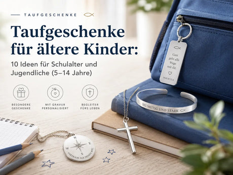 Taufgeschenke für ältere Kinder und Jugendliche aus 925 Silber mit Kreuzkette, Gravur-Armband und Anhängern für Schulalter und Teenager
