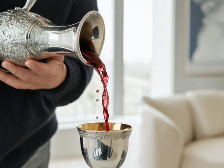Rotwein wird aus einer Silberkaraffe in einen Weinkelch aus 925 Silber gegossen — Geschenkidee für Weinliebhaber