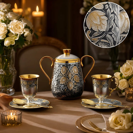 Kaffeeservice für zwei aus 925 Silber mit Hopfen-Niello und Vergoldung — Geschenk zum Hochzeitstag