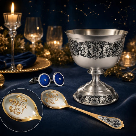 Sternzeichen-Löffel, Manschettenknöpfe und Silberschale aus 925 Silber — Geburtstagsgeschenke mit Gravur