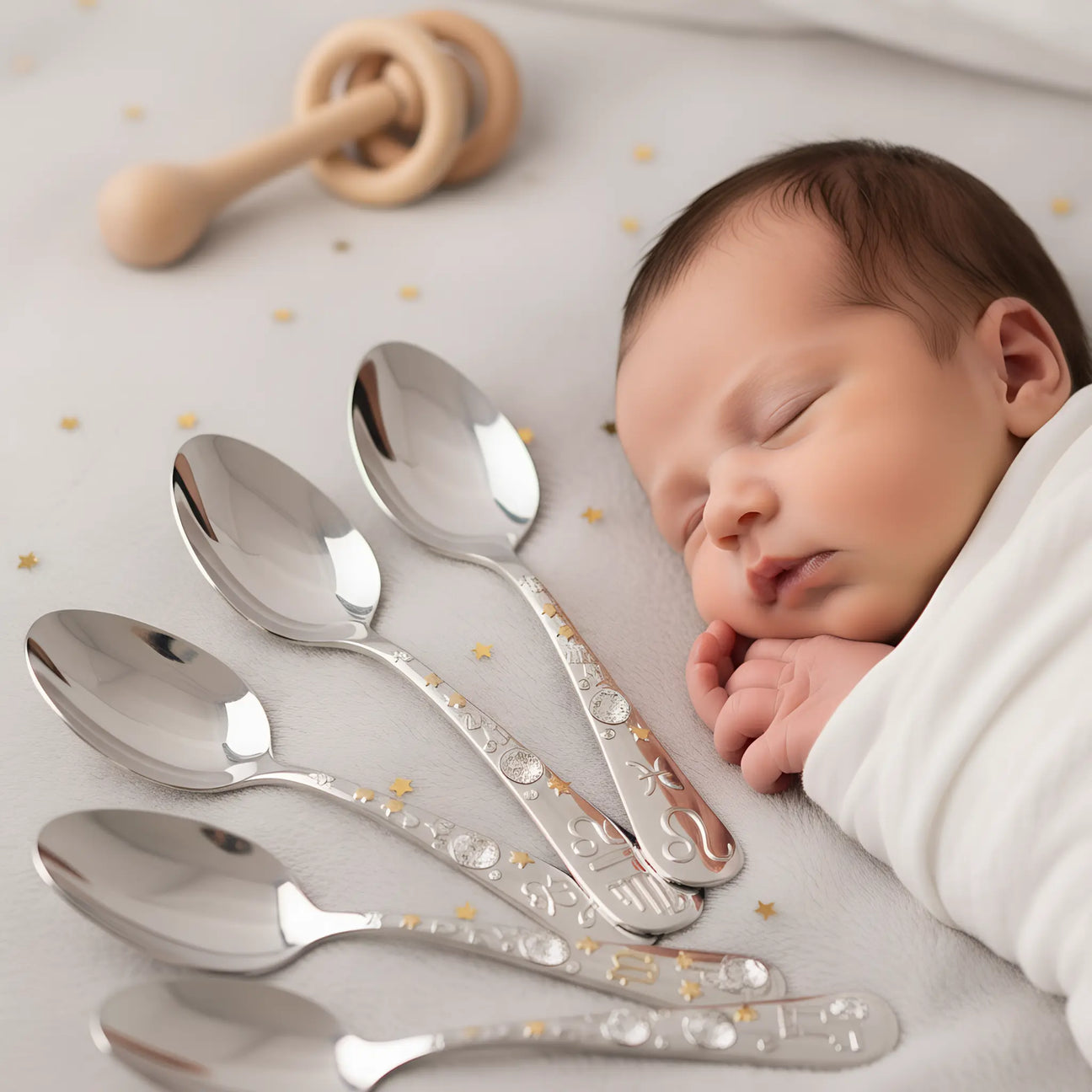 Babygeschenke Sternzeichen 925 Silber – Babylöffel mit Tierkreiszeichen, handgefertigt und personalisierbar zur Geburt oder Taufe.