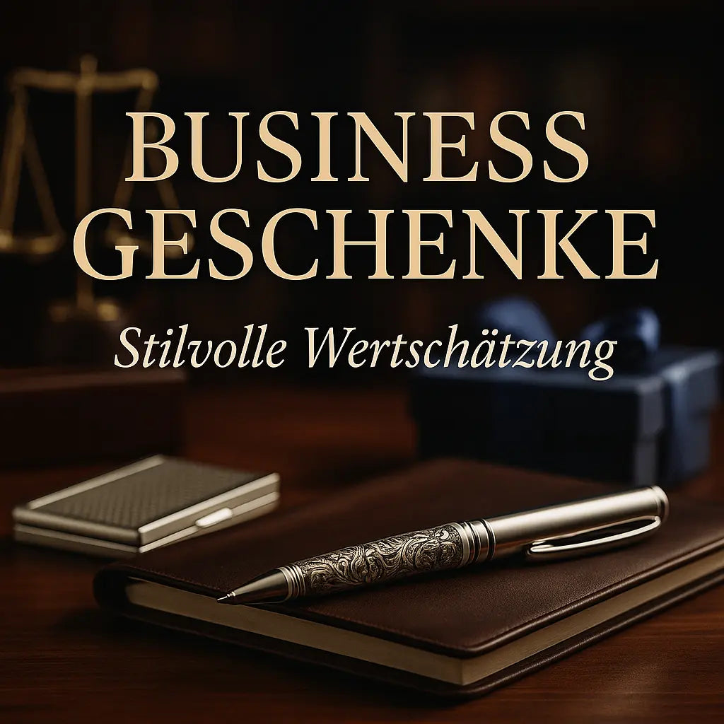 Edles Arrangement mit Silberkugelschreiber, Visitenkartenetui und Geschenkbox – stilvolle Business Geschenke in Szene gesetzt.