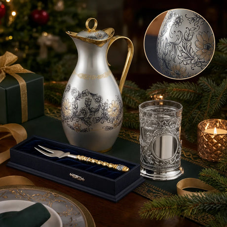 Wasserkaraffe, Zitronengabel und Teeglashalter aus 925 Silber mit Niello — Weihnachtsgeschenke für die Festtafel