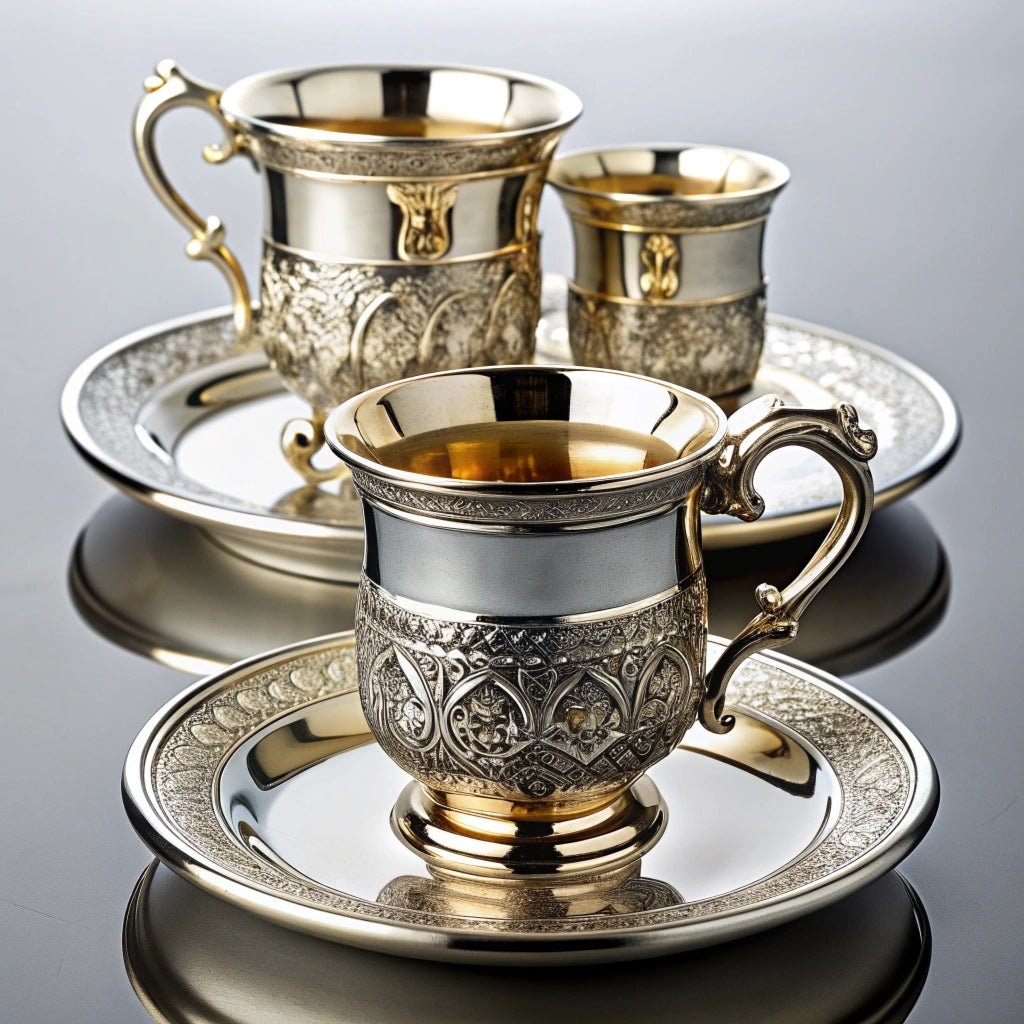 Exklusive Kaffee- & Teetassen aus 925 Sterling Silber mit edler Niello-Verzierung und Vergoldung – handgefertigte Luxus-Tischkultur & Geschenkidee.