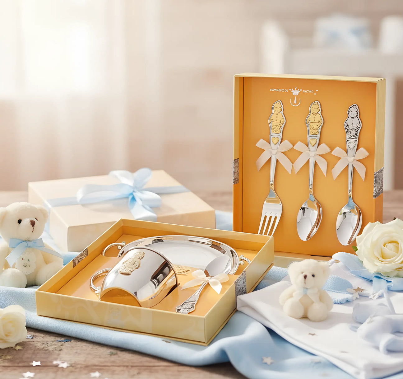 Kinderbesteck und Kindergeschirr aus 925 Sterling Silber mit Jungen-Motiven – perfekt zur Taufe und Geburt