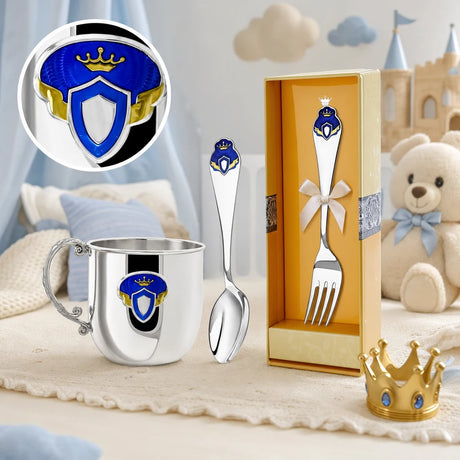 Babylöffel, Kinderbecher und Gabel aus 925 Silber mit Prinz-Motiv — Geschenke zur Taufe und Geburt für Jungen