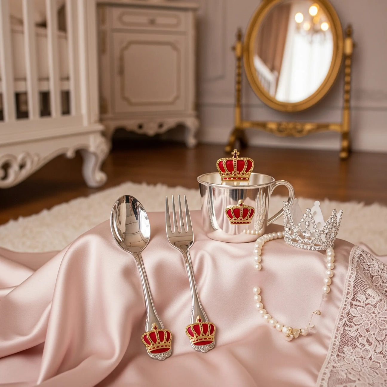 Zauberhafte Geschenke Prinzessin aus 925 Sterling Silber: Kinderlöffel, Becher & Besteck mit Kronen-Motiv zur Taufe, Geburt. Vergoldet
