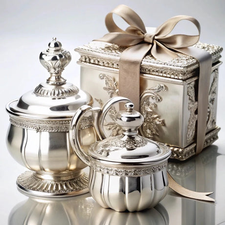 Geschenkideen aus 925 Silber — Zuckerdose, Milchkännchen und verzierte Schatulle mit Satinband