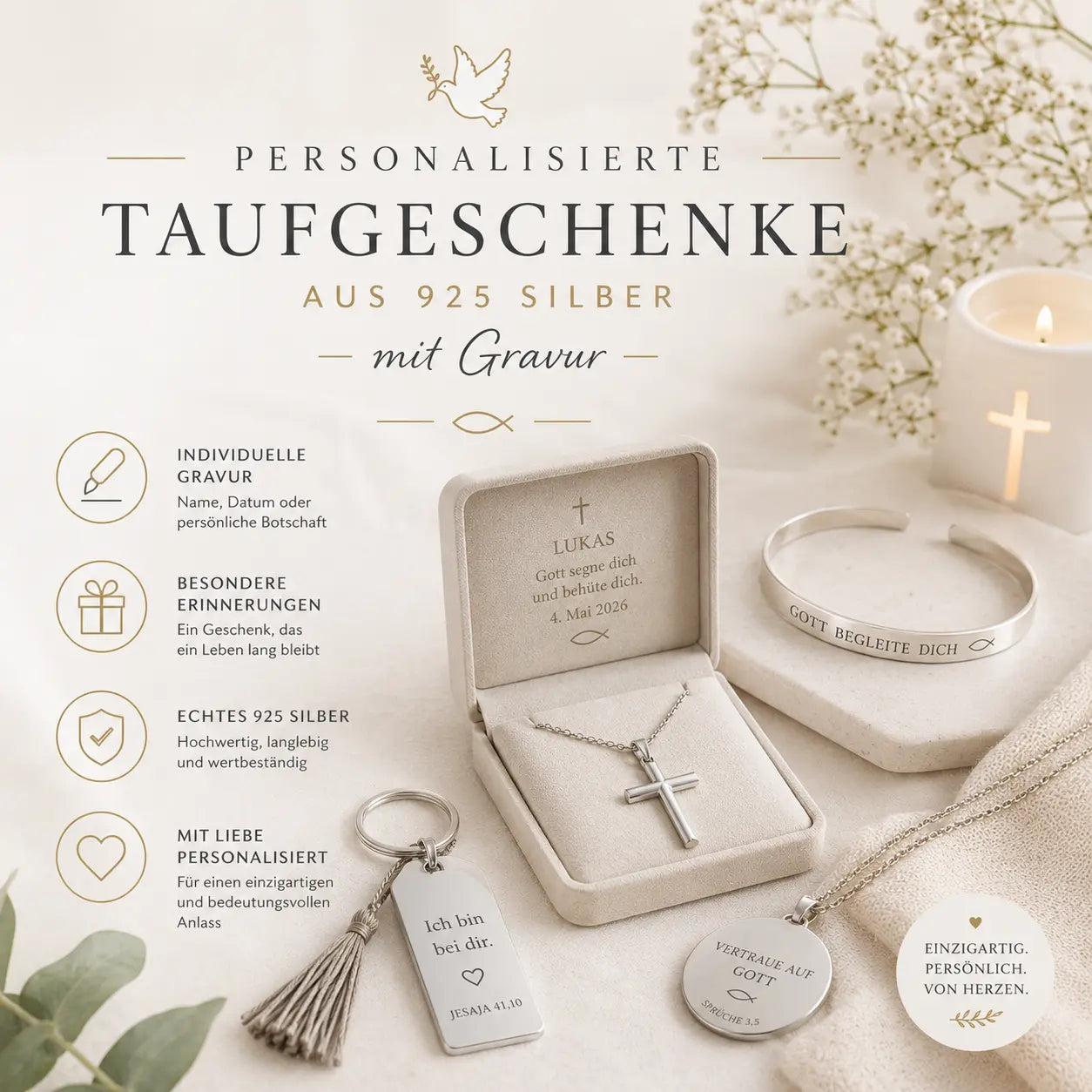 Personalisierte Taufgeschenke aus 925 Silber mit Gravur, Kreuzkette, Armreif und Anhängern als bedeutungsvolle Erinnerung zur Taufe