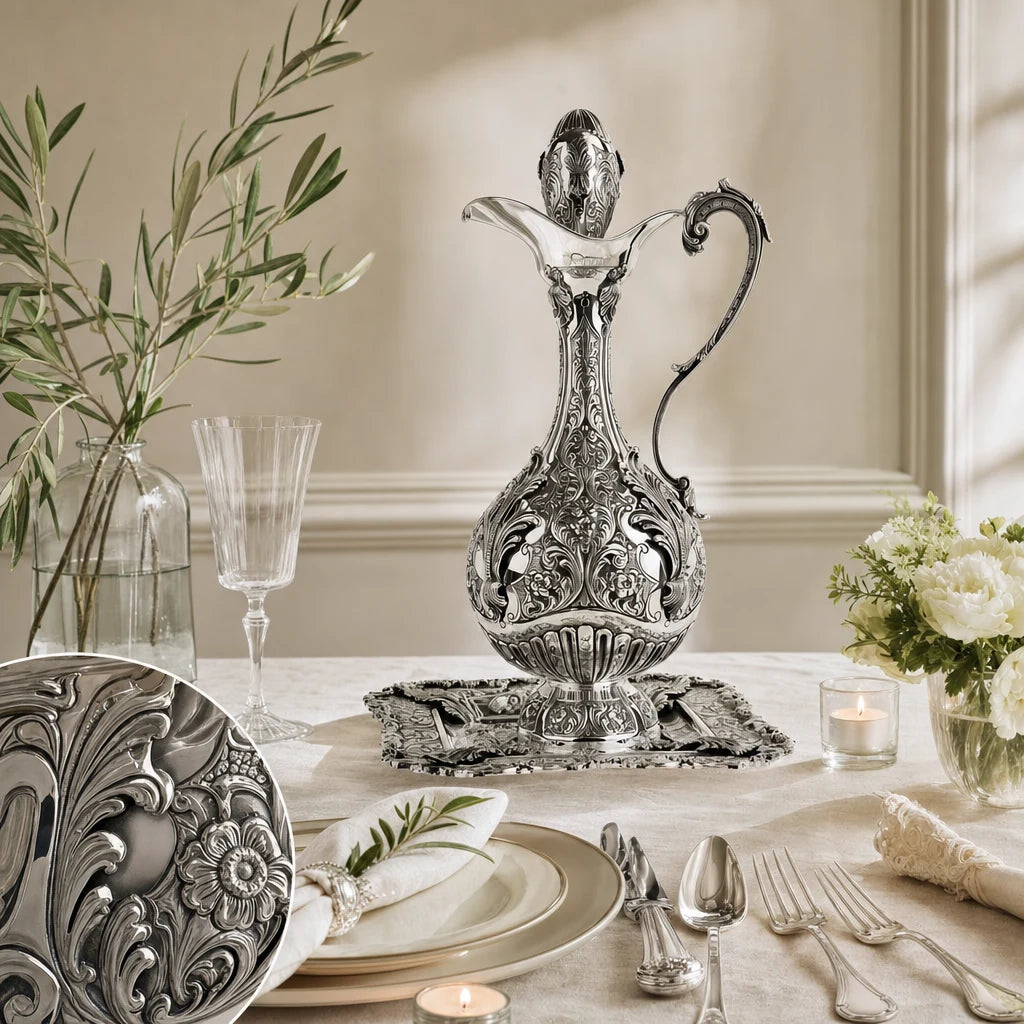 Weinkaraffe und Tablett aus 925 Silber der Linie Signature von Zaramella auf festlich gedeckter Tafel