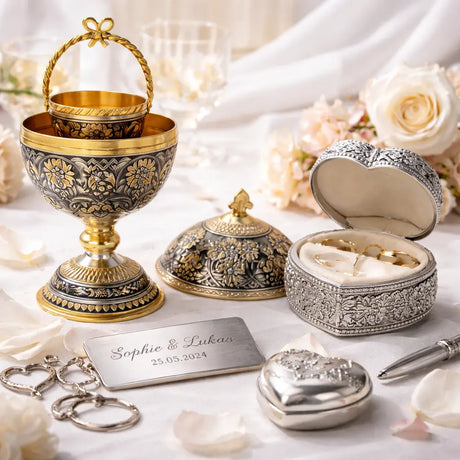 Edle Silbergeschenke zur Hochzeit aus 925 Sterling Silber mit Niello-Ornamenten – handgefertigtes Hochzeitsgeschenk mit Gravurmöglichkeit im eleganten Lifestyle-Ambiente