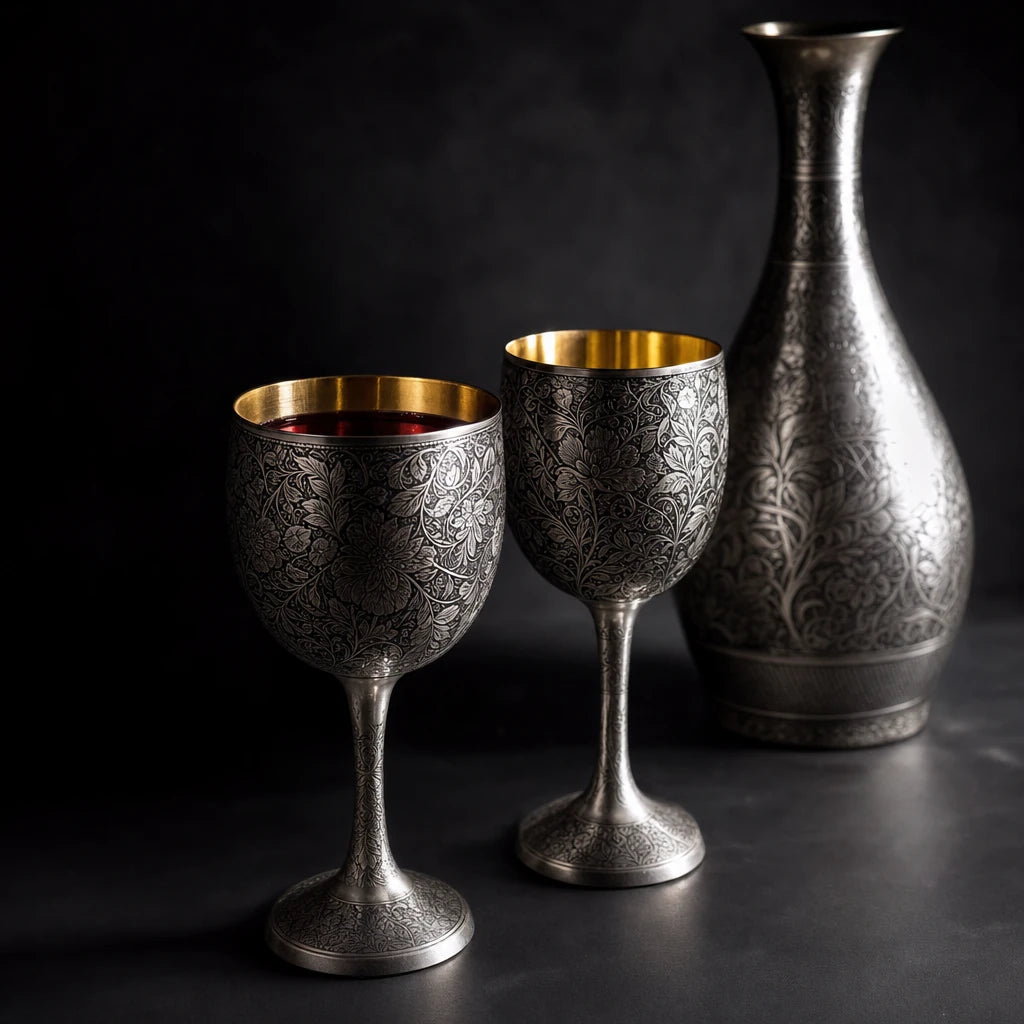 Zwei Weinkelche aus 925 Silber mit vergoldetem Inneren und Weinkaraffe — Geschenk für Weinliebhaber