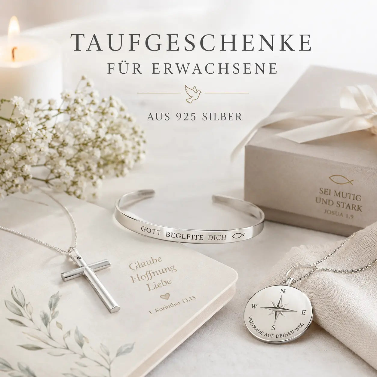 Taufgeschenke für Erwachsene aus 925 Silber mit Kreuzkette, Armreif und Kompass-Anhänger als bedeutungsvolles Erinnerungsgeschenk zur Erwachsenentaufe
