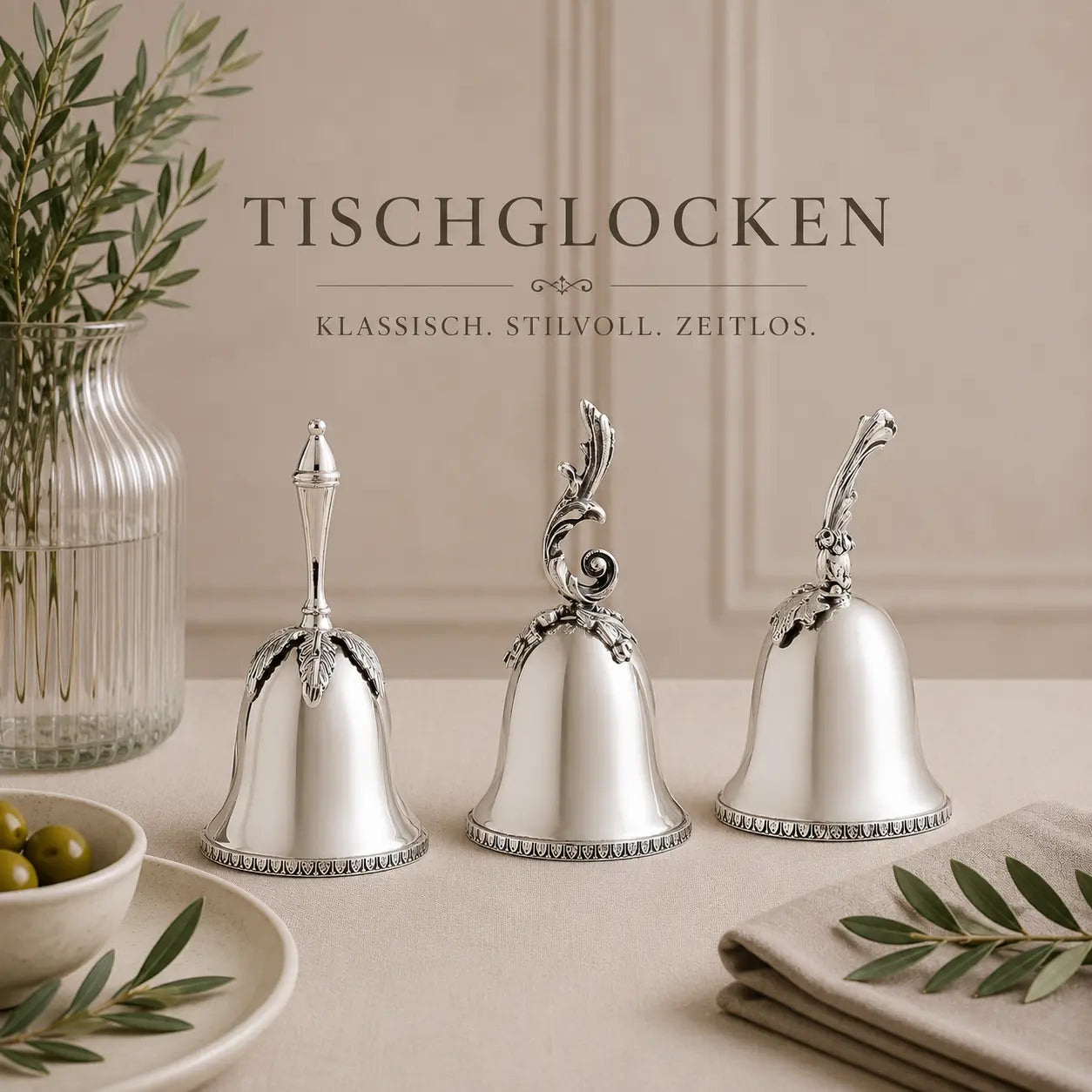 Kollektion hochwertiger Tischglocken aus 925 Silber als außergewöhnliche Geschenkideen für Gastgeber, Sammler und Liebhaber edler Silberwaren