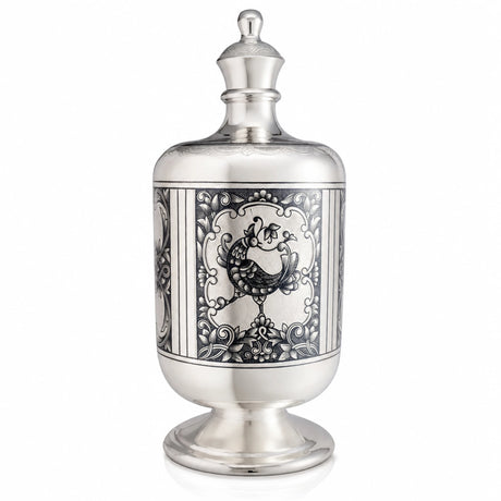 Karaffe 925 Silber Niello mit Auerhahn-Motiv — Krug mit Deckel und Niello-Vogel im Ornamentfeld, für Jäger