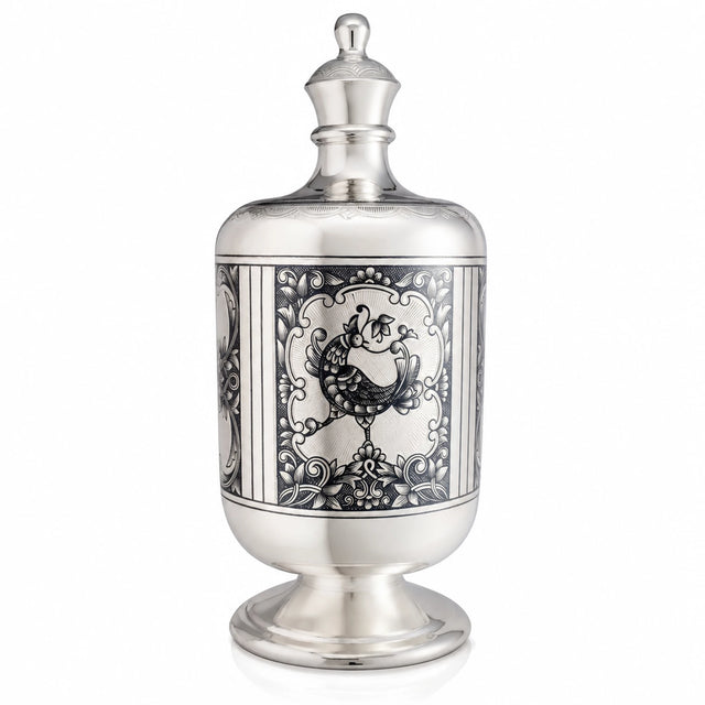 Karaffe 925 Silber Niello mit Auerhahn-Motiv — Krug mit Deckel und Niello-Vogel im Ornamentfeld, für Jäger