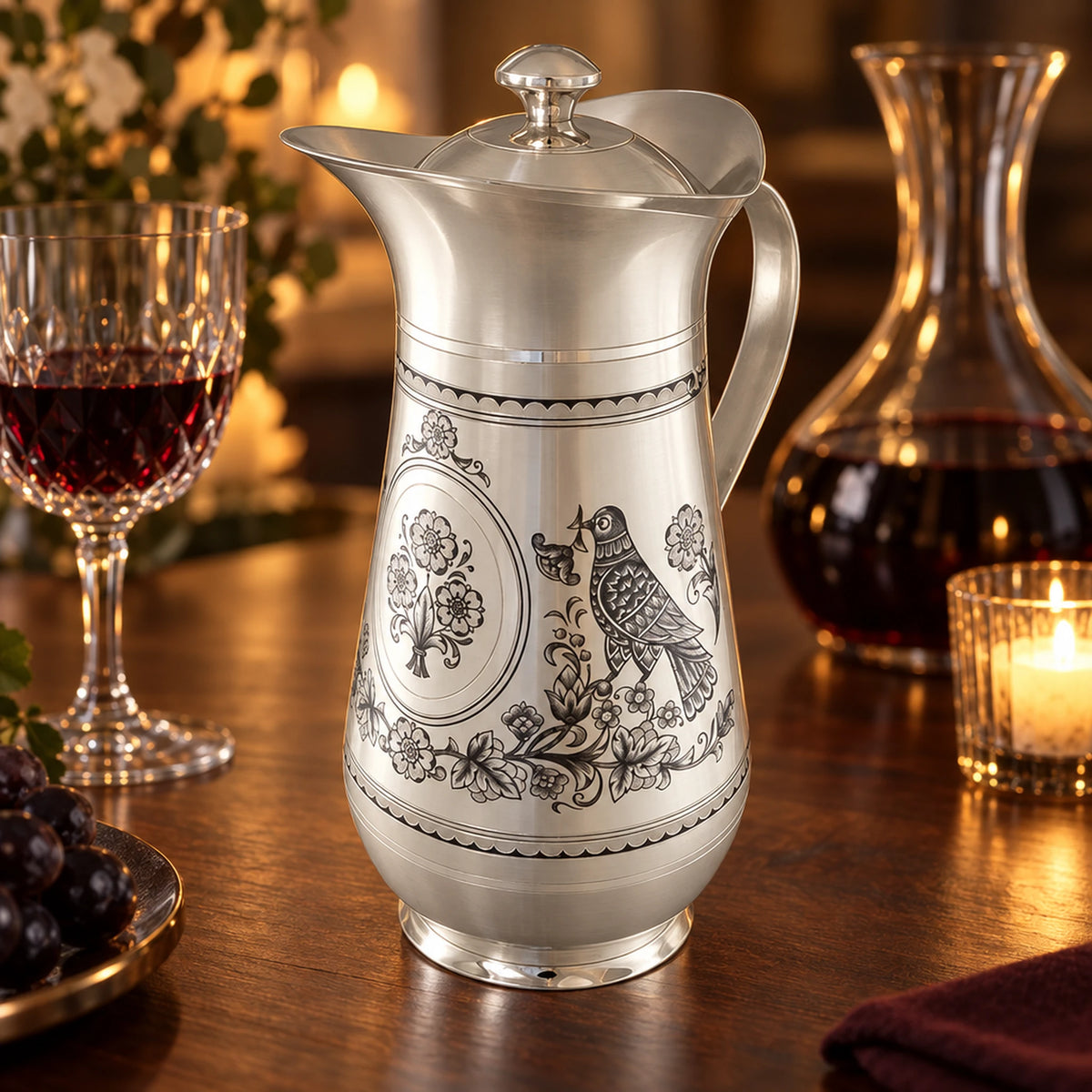Karaffe 925 Silber Turteltaube — Lifestyle-Setting am Weintisch