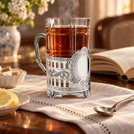 Teeglashalter „Der Meister“ aus 925 Silber mit Gravur-Option — Lifestyle-Setting am Teetisch