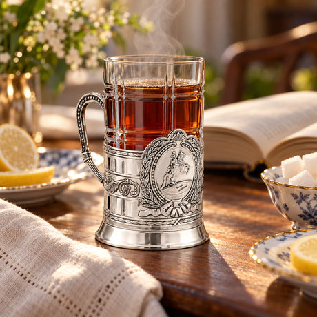 Teeglashalter „Bronzener Reiter“ aus 925 Silber mit Teeglas — Lifestyle-Setting am Teetisch