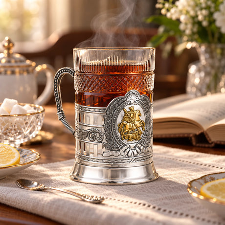Teeglashalter „St. Georg der Siegreiche“ aus 925 Silber vergoldet — Lifestyle-Setting am Teetisch