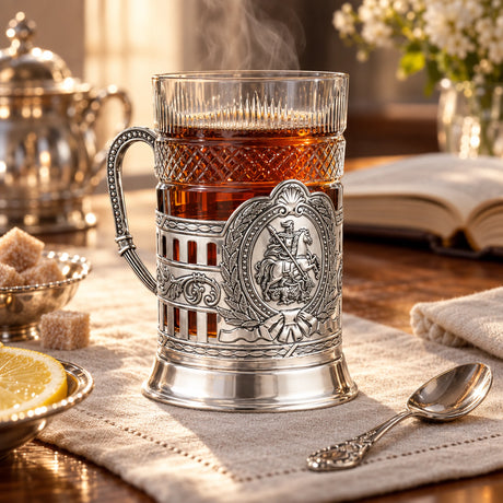 Teeglashalter „St. Georg der Siegreiche“ aus 925 Silber mit Teeglas — Lifestyle-Setting am Teetisch