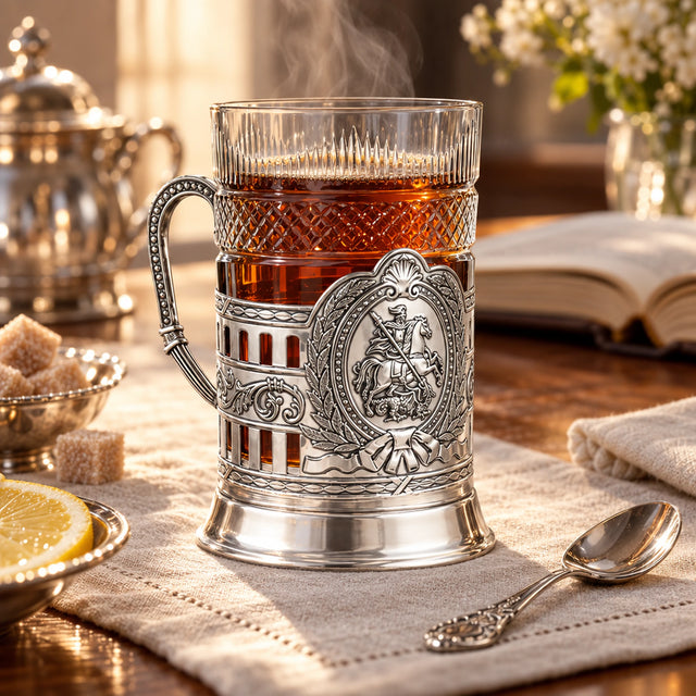 Teeglashalter „St. Georg der Siegreiche“ aus 925 Silber mit Teeglas — Lifestyle-Setting am Teetisch