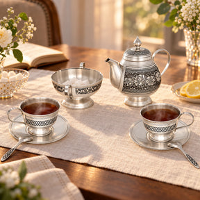 Teeservice für 2 Personen 925 Silber Niello — Lifestyle-Setting am Teetisch