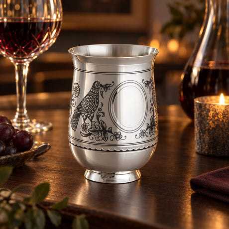 Silberbecher 925 Silber mit Gravurfeld Turteltaube 280 ml — Lifestyle-Setting am Weintisch