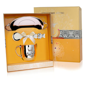 Baby Geschenkset 925 Silber Teddybär – Kindertasse, Löffel und Teller mit Griffen in Geschenkverpackung.