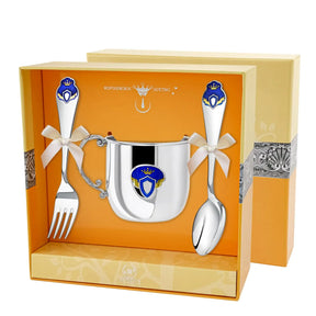 Baby Geschenkset 925 Silber Prinz – Tasse, Löffel, Gabel in Geschenkbox.