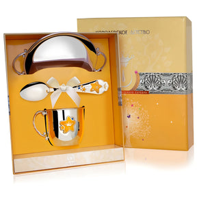 Geschenkset Baby 925 Silber Sterne gelb-blau mit Tasse, Teller & Löffel – ideales Taufgeschenk mit Gravur.