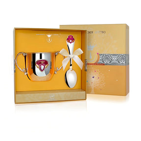 Baby Geschenkset 925 Silber Prinzessin — Becher & Löffel mit Kronen-Wappen rosa-gold, Geschenkbox