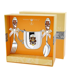 Baby Geschenkset 925 Silber Teddybär – Becher, Löffel & Gabel in Geschenkbox mit brauner Emaille.