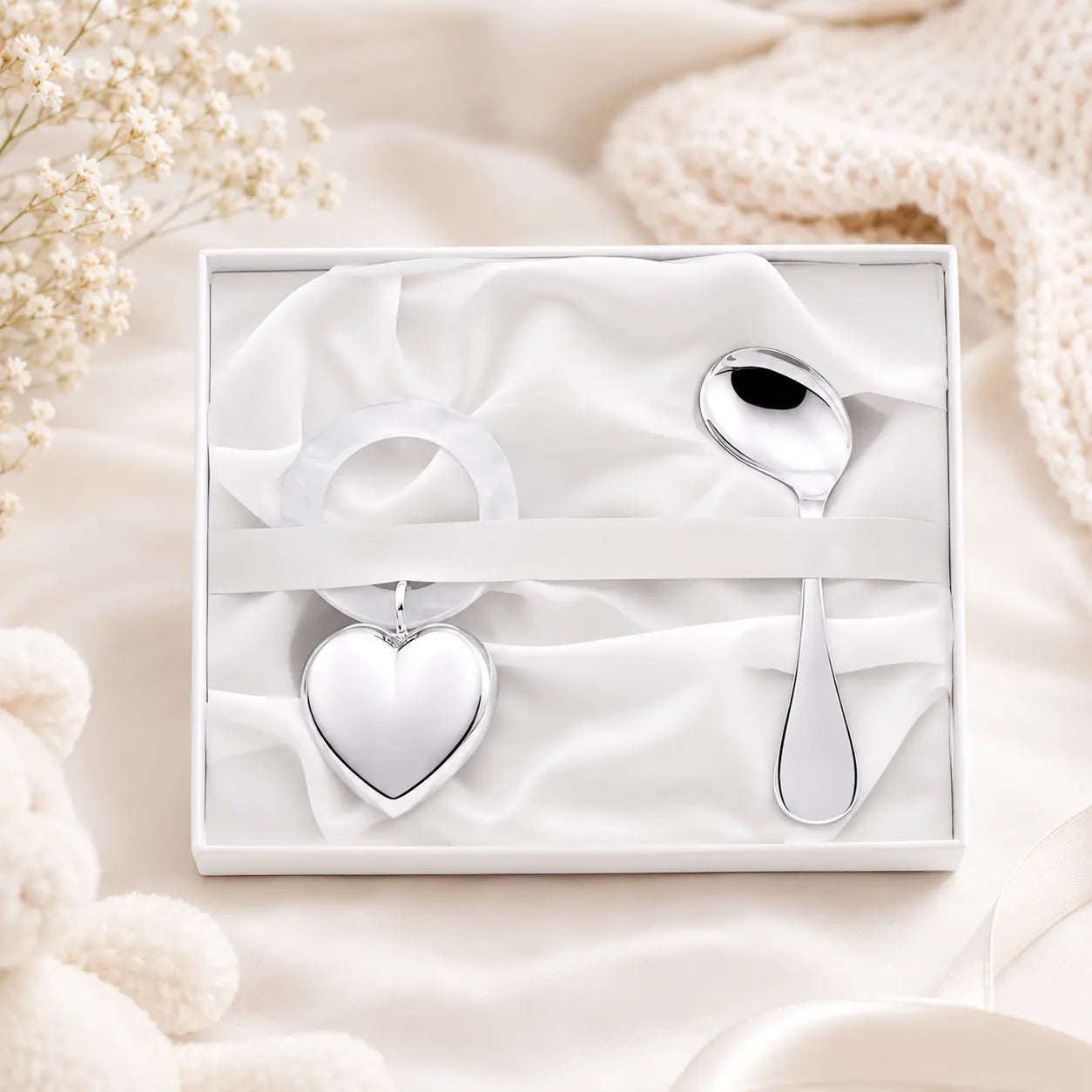 Baby Geschenkset aus 925 Silber mit Herz-Rassel und Kinderlöffel in edler weißer Geschenkbox zur Geburt oder Taufe