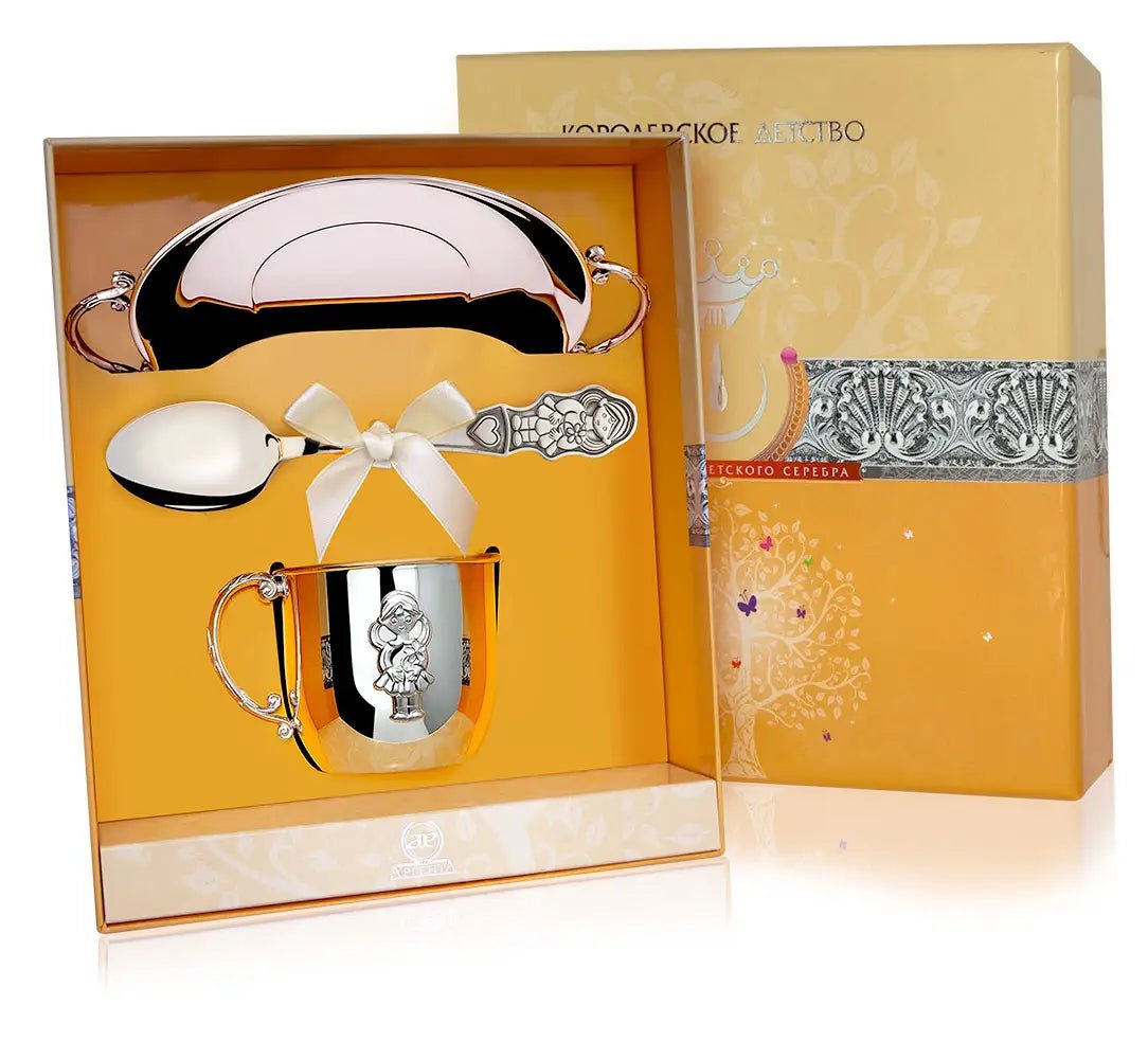 Baby Geschenkset 925 Silber Mädchen – Tasse, Löffel und Teller mit Henkeln in hochwertiger Geschenkbox.
