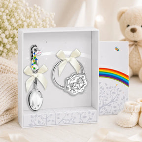 Baby Geschenkset aus 925 Silber mit Pferde-Löffel mit schwarzer Emaille und Pferde-Babyrassel zur Taufe oder Geburt