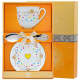 Geschenkset 925 Silber Porzellan Sterne gold 3-teilig — Tasse und Untertasse mit bunten Punkten, Löffel mit goldenen Sternen