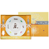 Silberbesteck-Set 925 Silber Porzellanteller Junge — Teller mit Kindermotiv, Löffel und Gabel in Geschenkbox mit Schleife