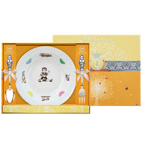 Silberbesteck-Set 925 Silber Porzellanteller Junge — Teller mit Kindermotiv, Löffel und Gabel in Geschenkbox mit Schleife