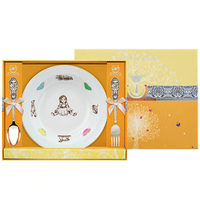 Silberbesteck-Set 925 Silber Porzellanteller Mädchen — Teller mit Kindermotiv, Löffel und Gabel in Geschenkbox mit Schleife