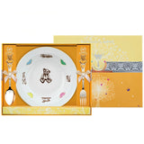 Silberbesteck-Set 925 Silber vergoldet Porzellanteller Teddybär — Teller, Löffel und Gabel mit Goldgravur in Geschenkbox