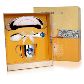 Geschenkset Prinz 925 Silber 3-teilig — Teller, Löffel und Becher mit blauem Wappen-Emaille, goldene Box