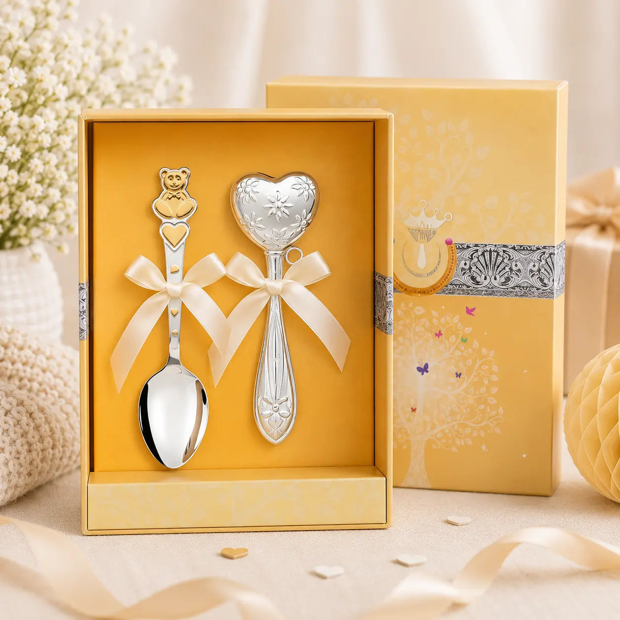 Baby Geschenkset aus 925 Silber mit vergoldetem Teddybär-Herz-Löffel und Herz-Rassel mit Blumenmotiv in Goldbox zur Geburt oder Taufe