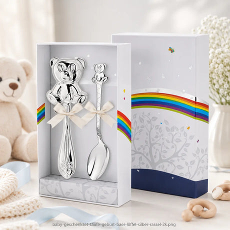 Baby Geschenkset aus 925 Silber mit Teddybär-Babyrassel und Kinderlöffel in hochwertiger Geschenkbox zur Geburt oder Taufe