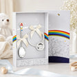 Baby Geschenkset aus 925 Silber mit Teddybär-Löffel in lila-roter Emaille und Silberrassel in edler Geschenkbox für Geburt oder Taufe
