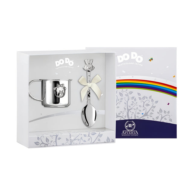Baby Geschenkset 925 Silber mit Teddybär-Becher und Babylöffel in Geschenkbox – edle Wahl zur Geburt oder Taufe für Mädchen.