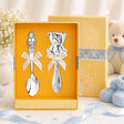 Baby Geschenkset aus 925 Silber mit Teddybär-Rassel und Jungen-Löffel mit Herz in edler Goldbox zur Geburt oder Taufe