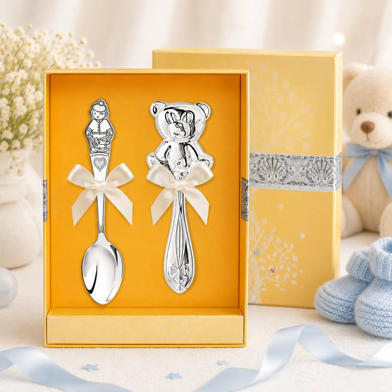 Baby Geschenkset aus 925 Silber mit Teddybär-Rassel und Jungen-Löffel mit Herz in edler Goldbox zur Geburt oder Taufe
